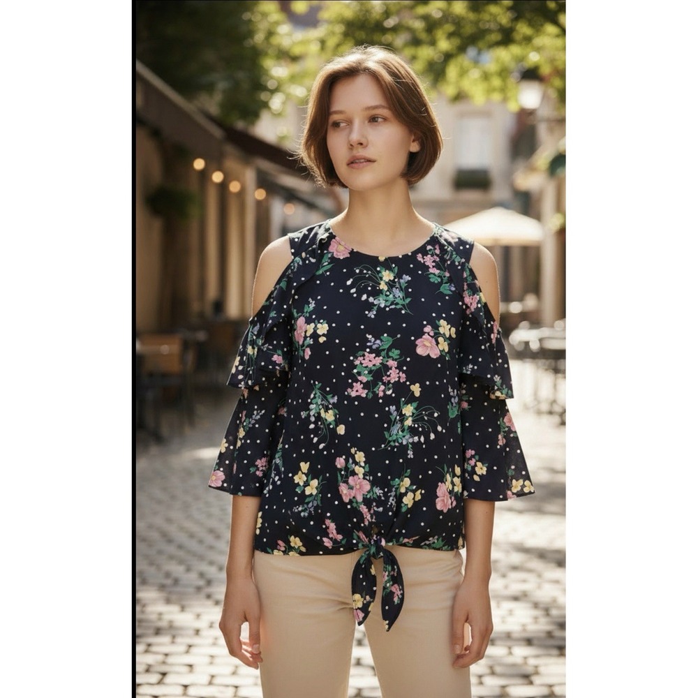 Carole Christian Woman's M  Cold Shoulder Blouse Ruffle Bell Sleeve Floral  Dots